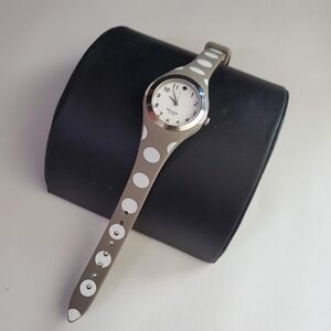Kate Spade Gray with White Polka Dots Silicone Rumsey Watch Silver Tone Running